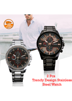 2 Pcs Curren Trendy Design Stainless Steel Watch For Men, 8274,Silver Black